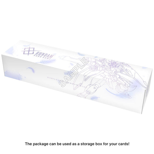 White cardboard Gundam Wing storage box featuring purple line art of the Wing Gundam and floating feather accents.