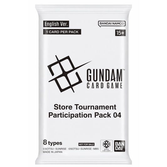 White Gundam Card Game Store Tournament Participation Pack 04 featuring black text and logos on a sealed foil wrapper.