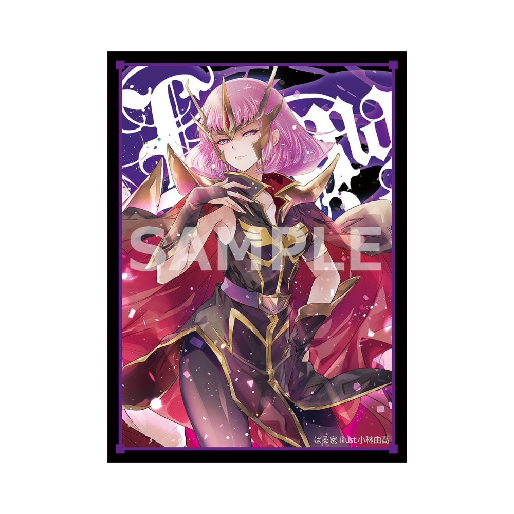 Haman Karn card sleeve featuring a pink-haired anime character in black and gold armor with a vibrant purple background.