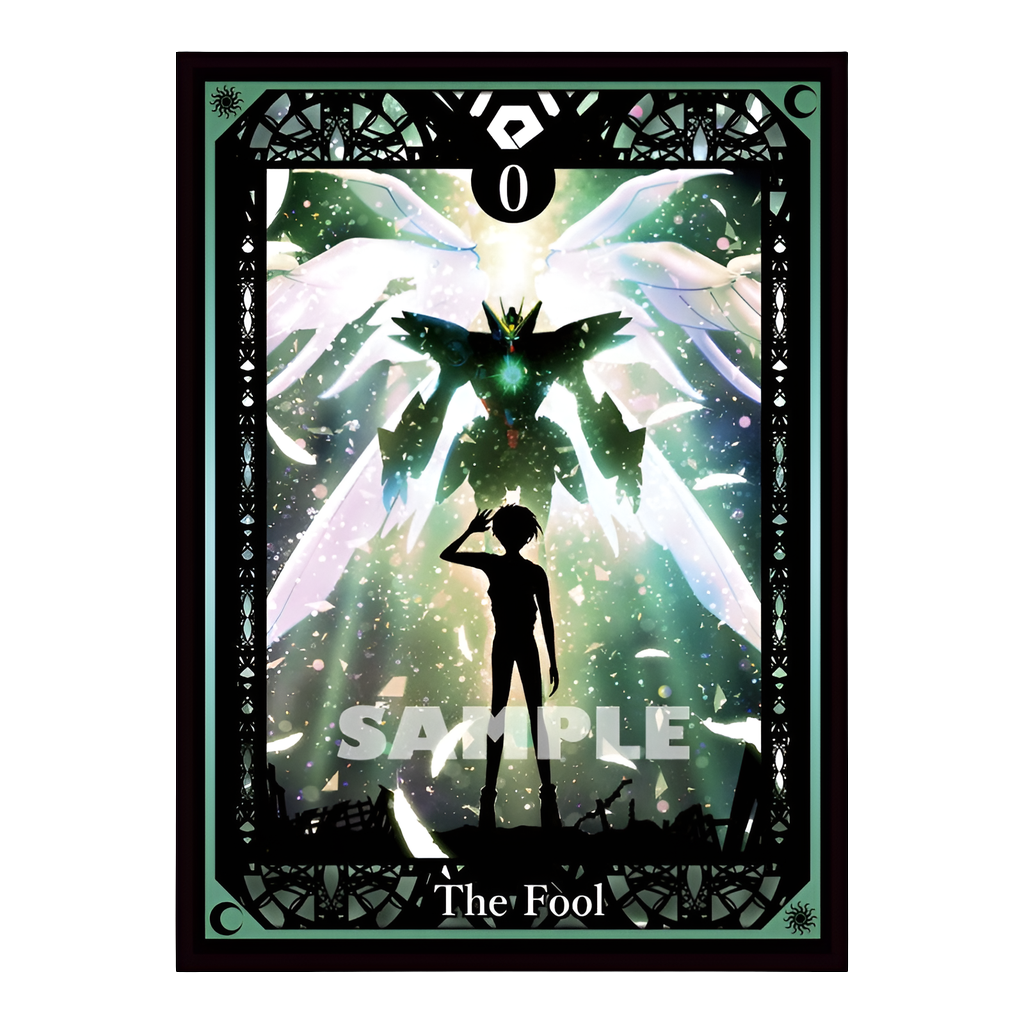 Heero Sleeve protective card cover featuring a Wing Gundam tarot card design with a green silhouette and white wings.