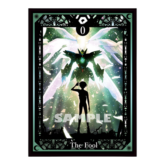 Heero Sleeve protective card cover featuring a Wing Gundam tarot card design with a green silhouette and white wings.