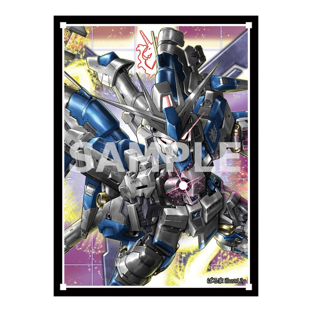 Hi-v Gundam protective card sleeve featuring detailed blue and white mecha art with a purple grid background.