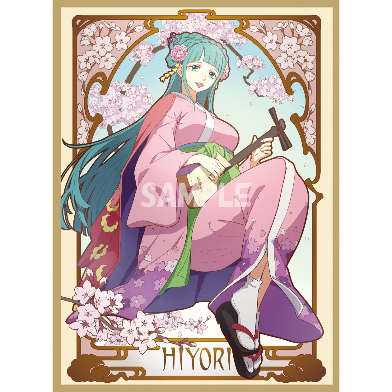 Hiyori card sleeve with a blue-haired woman in a pink kimono playing an instrument, surrounded by cherry blossoms.