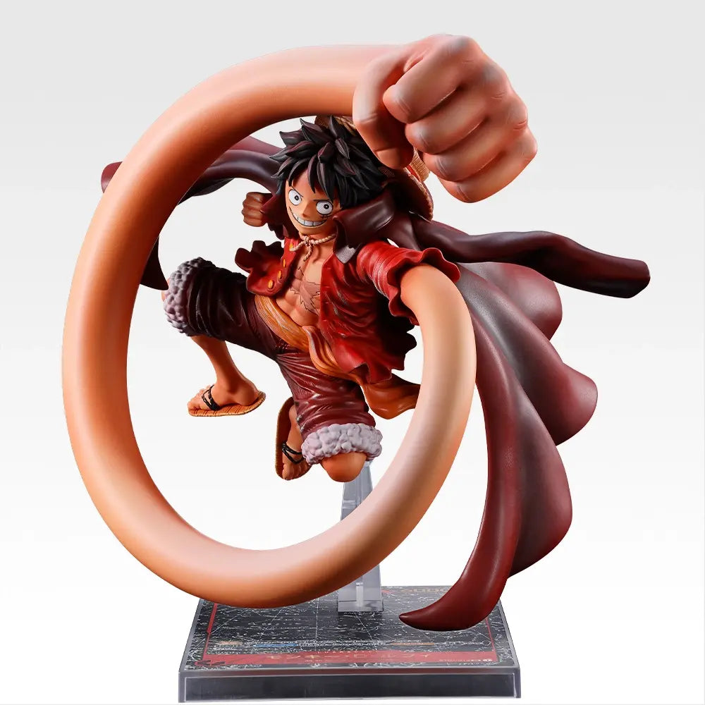 20cm Monkey D. Luffy Ichiban Kuji figure in a dynamic punching pose with a flowing red cape and detailed shading.