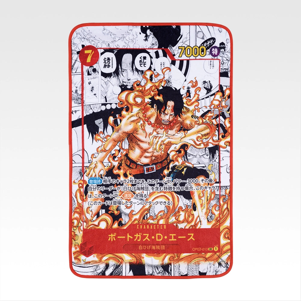 60x90cm One Piece Card Game blanket featuring a vibrant, full-color Portgas D. Ace character illustration with red trim.