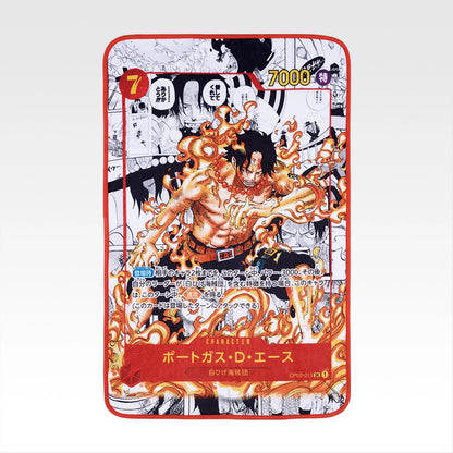 60x90cm One Piece Card Game blanket featuring a vibrant, full-color Portgas D. Ace character illustration with red trim.