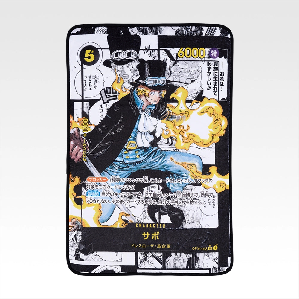Soft 60x90cm blanket featuring a full-color One Piece Sabo character card illustration with manga panel background.