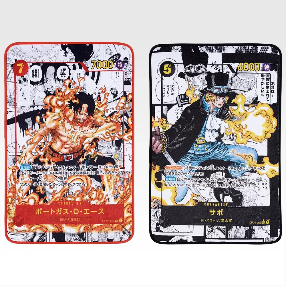 Two 60x90cm One Piece card blankets featuring full-color illustrations of Ace with flames and Sabo in his top hat.