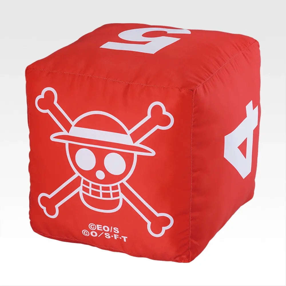 Large red 30cm One Piece dice cushion featuring a white Luffy skull and crossbones logo and bold number markings.