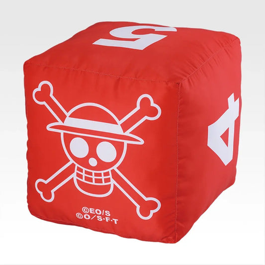 Large red 30cm One Piece dice cushion featuring a white Luffy skull and crossbones logo and bold number markings.