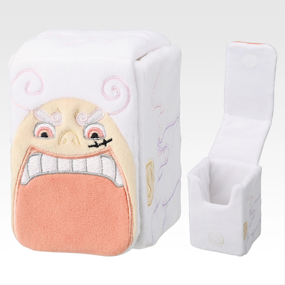 Fluffy white plush card deck case featuring an embroidered Gear 5 Luffy face design with a snap-button closure.