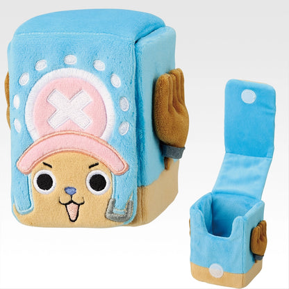 Blue and tan plush Chopper cube-shaped deck case with embroidered details and a Velcro-secured lid for card storage.