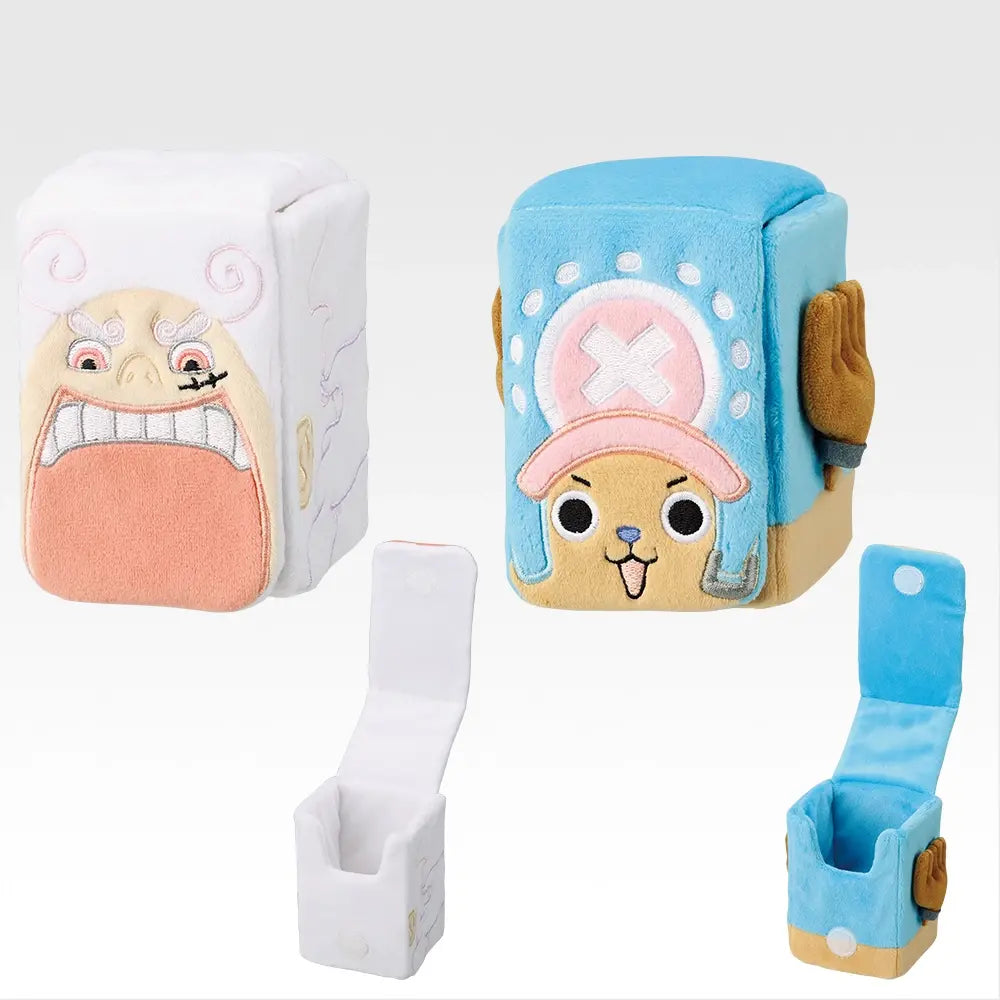 Two fluffy, cube-shaped One Piece plush deck cases featuring Luffy and Chopper designs with open and closed views.