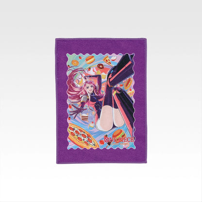 Purple One Piece Card Game towel featuring Uta surrounded by food illustrations, measuring 29x20 cm with a sleeve design.