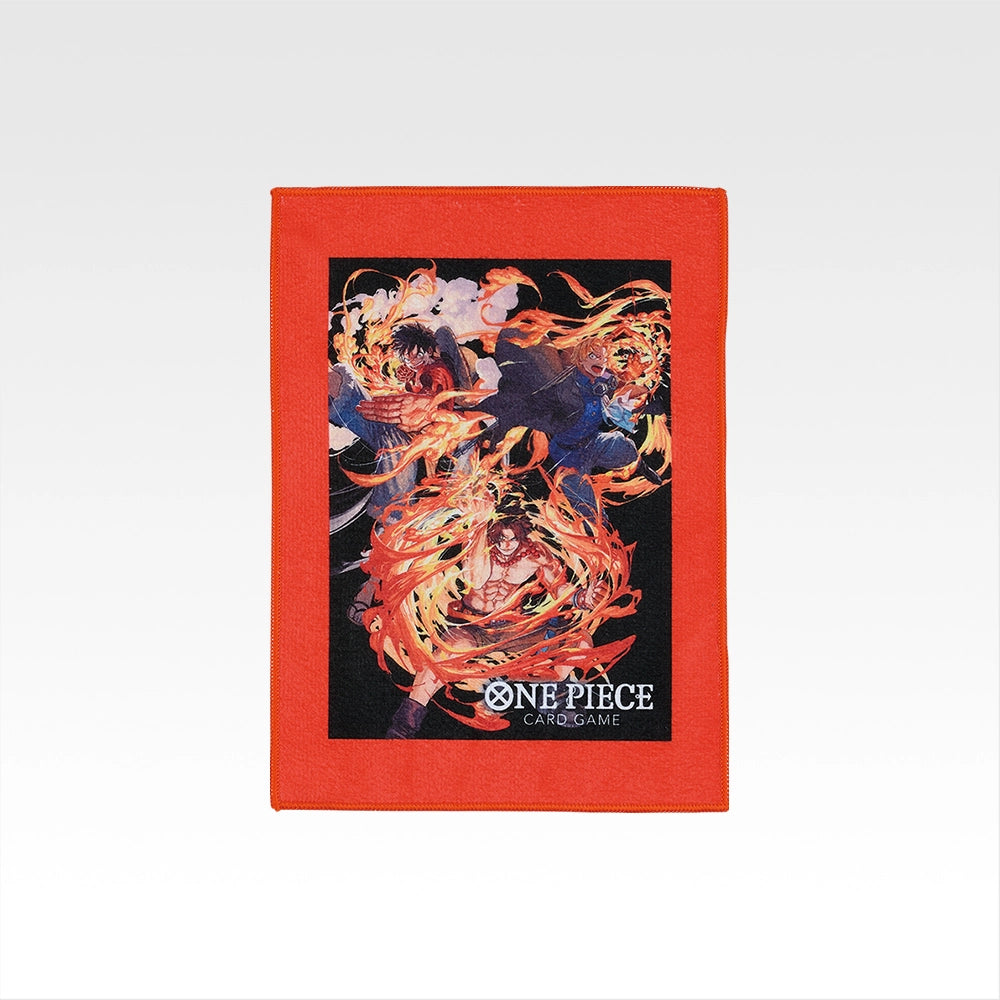 One Piece Card Game Prize F towel featuring a vibrant Luffy, Sabo, and Ace fire-themed design on a 29x20 cm orange border.