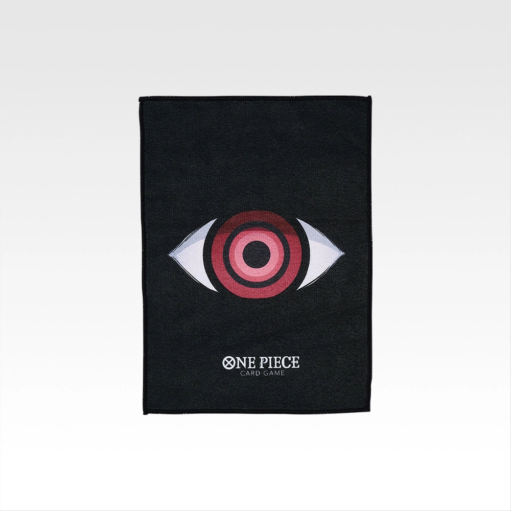 Black rectangular One Piece Card Game towel featuring a red and white eye design with the official logo at the bottom.