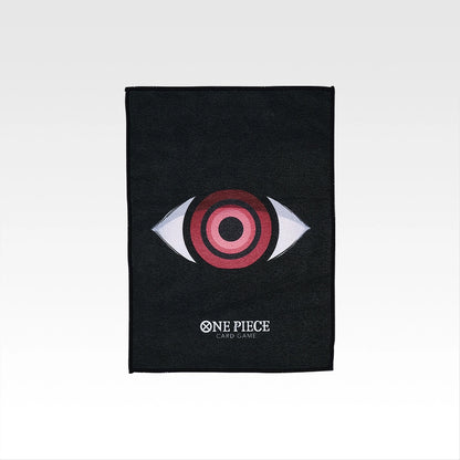 Black rectangular One Piece Card Game towel featuring a red and white eye design with the official logo at the bottom.