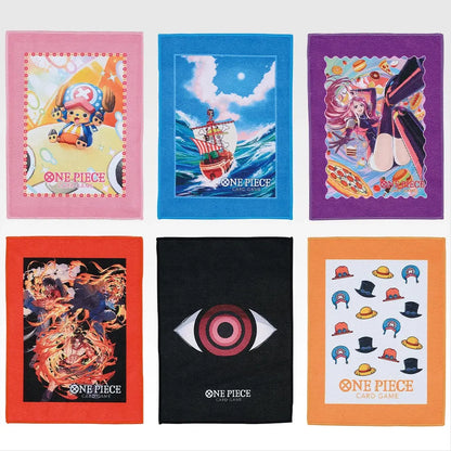 Six One Piece Card Game sleeve design towels featuring colorful anime character art, measuring 29x20 cm each.