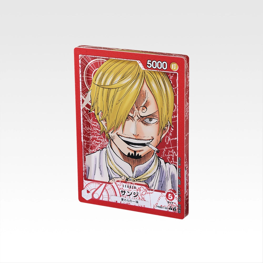 Glossy 7.5cm One Piece Sanji acrylic stand featuring a red trading card design with detailed character illustration.