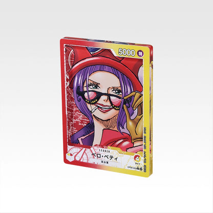 7.5cm One Piece acrylic stand featuring a glossy, vibrant Belo Betty trading card design with a red and yellow border.