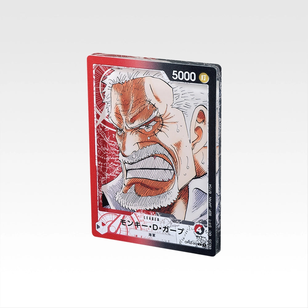 7.5cm glossy acrylic stand featuring Monkey D. Garp from One Piece in a red and black trading card design.