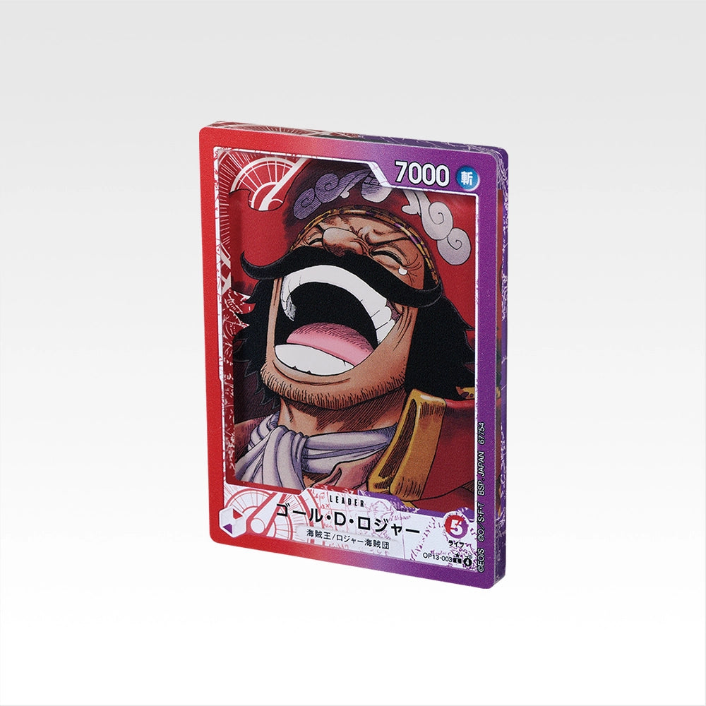 7.5cm glossy acrylic stand featuring a vibrant One Piece Gol D. Roger trading card illustration with a red border.
