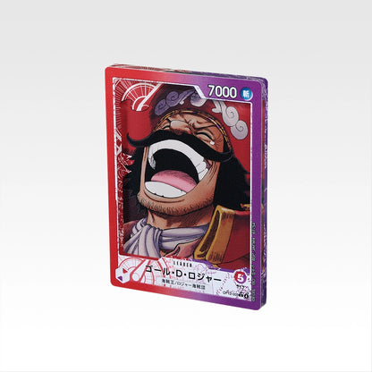 7.5cm glossy acrylic stand featuring a vibrant One Piece Gol D. Roger trading card illustration with a red border.