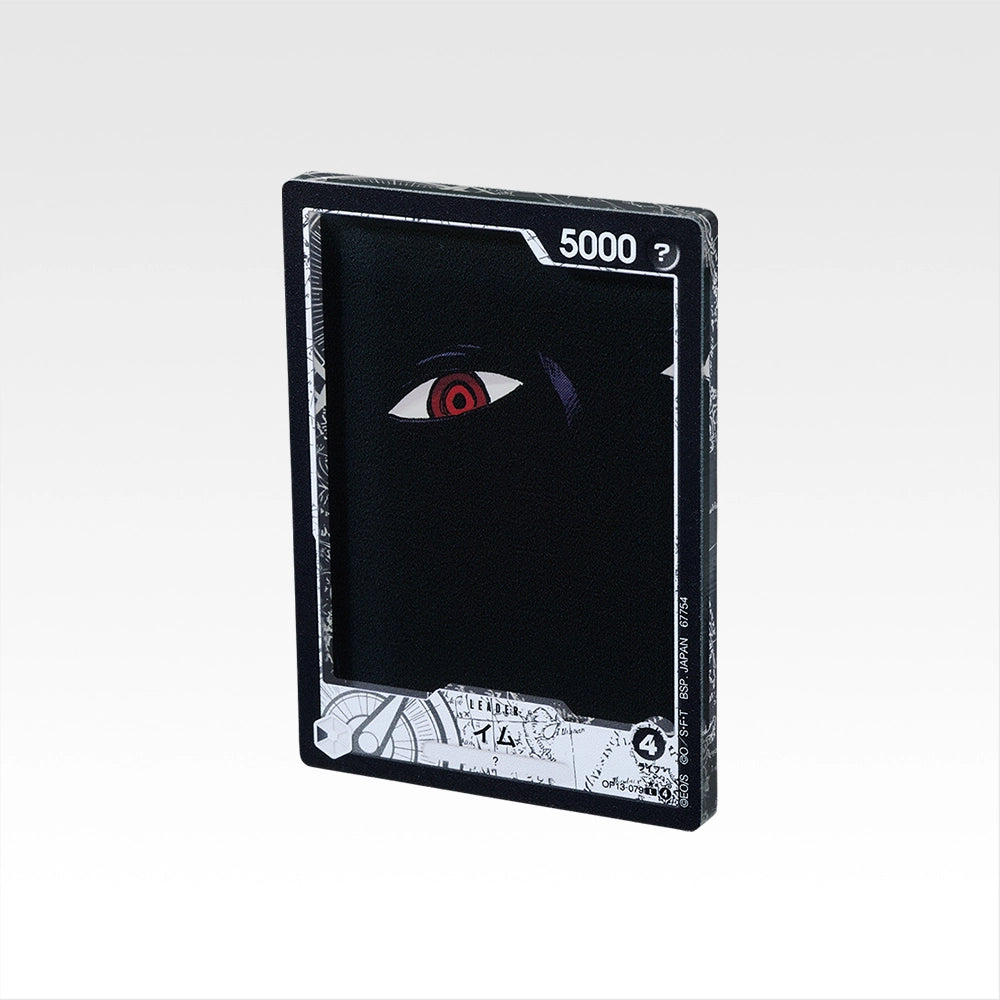 7.5cm One Piece Imu acrylic stand featuring a glossy, black trading card design with a striking red eye illustration.