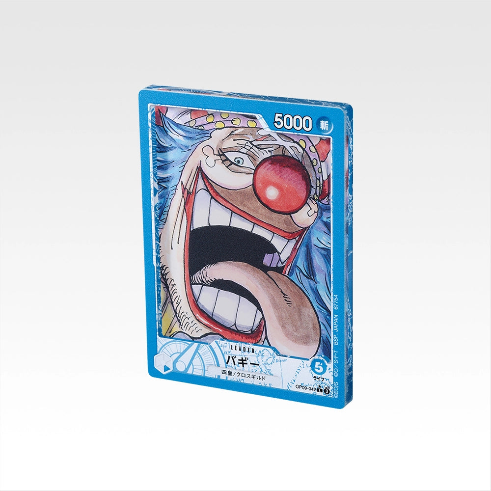 7.5cm Buggy the Clown acrylic stand featuring a glossy One Piece trading card illustration with a blue border design.