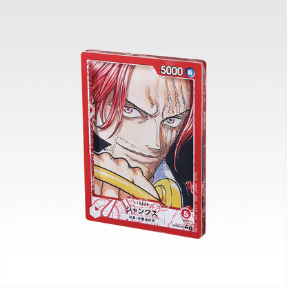7.5cm glossy acrylic stand featuring a red-bordered One Piece Shanks trading card design with detailed character art.