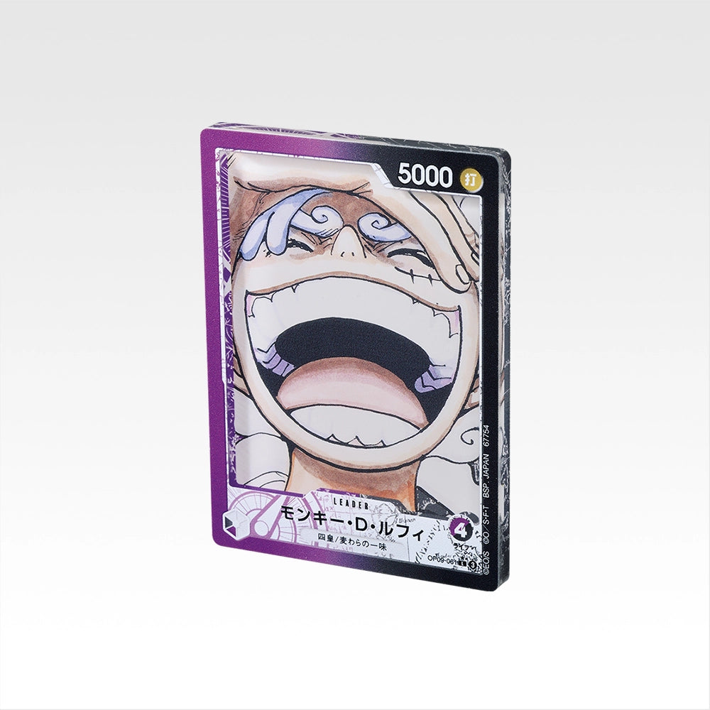 7.5cm glossy acrylic stand featuring a One Piece Monkey D. Luffy trading card design with a vibrant purple border.