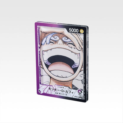 7.5cm glossy acrylic stand featuring a One Piece Monkey D. Luffy trading card design with a vibrant purple border.