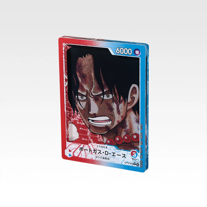 7.5cm Portgas D. Ace acrylic stand featuring a glossy One Piece trading card design with red and blue border accents.