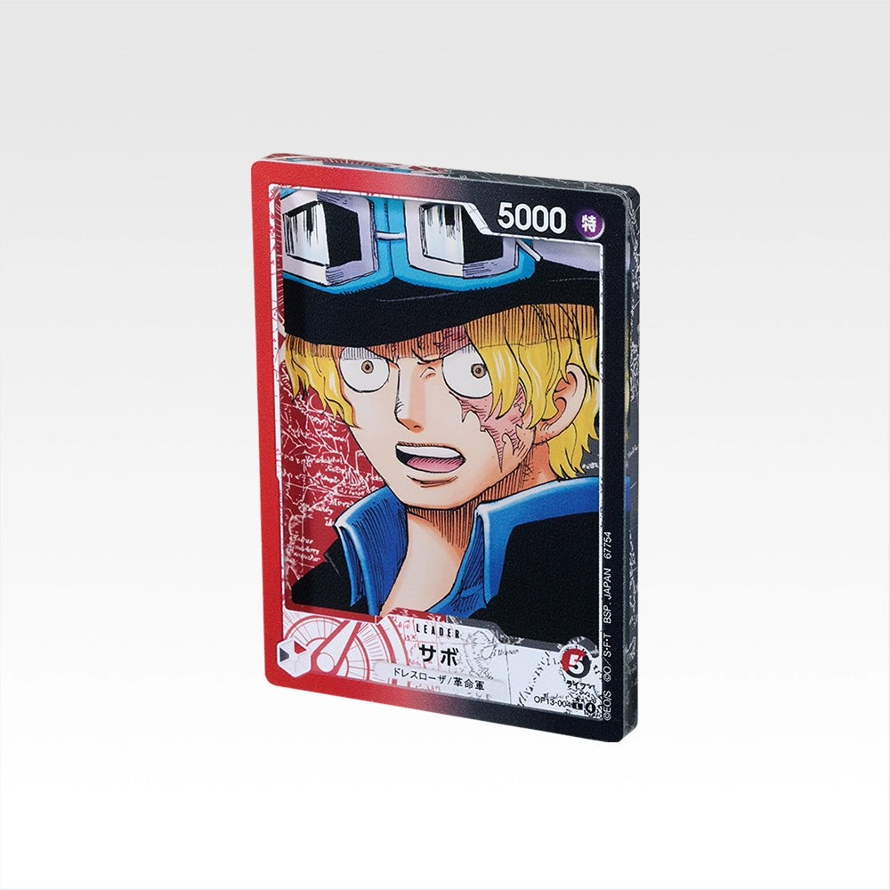 7.5cm glossy acrylic stand featuring Sabo from One Piece in a red and black trading card design.