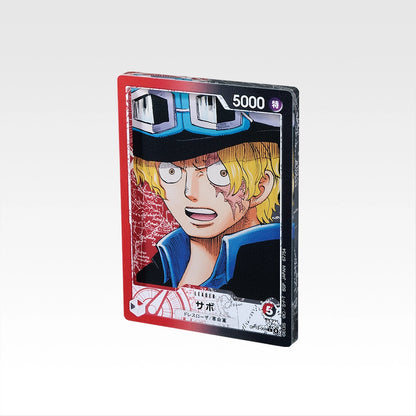 7.5cm glossy acrylic stand featuring Sabo from One Piece in a red and black trading card design.