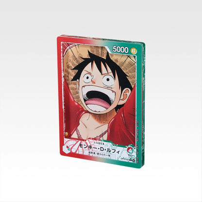 7.5cm glossy acrylic stand featuring a vibrant Monkey D. Luffy One Piece trading card design with red and green borders.