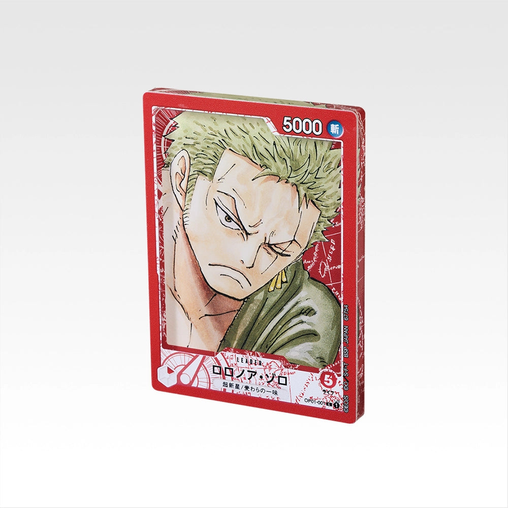 7.5cm Roronoa Zoro acrylic stand featuring a glossy One Piece trading card design with a red border and character art.