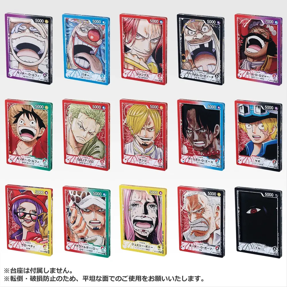 Set of 15 colorful One Piece trading card acrylic stands, each 7.5cm tall with glossy character illustrations.