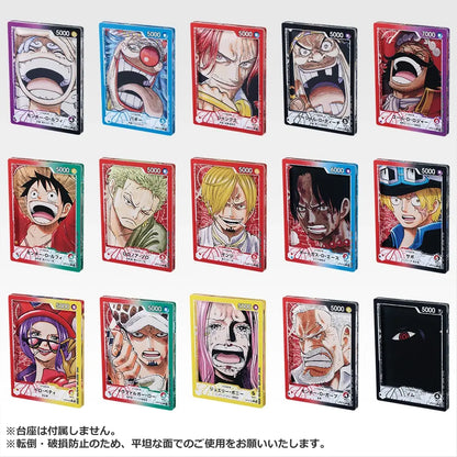 Set of 15 colorful One Piece trading card acrylic stands, each 7.5cm tall with glossy character illustrations.