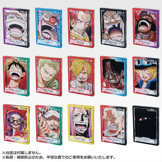Set of 15 colorful One Piece trading card acrylic stands, each 7.5cm tall with glossy character illustrations.