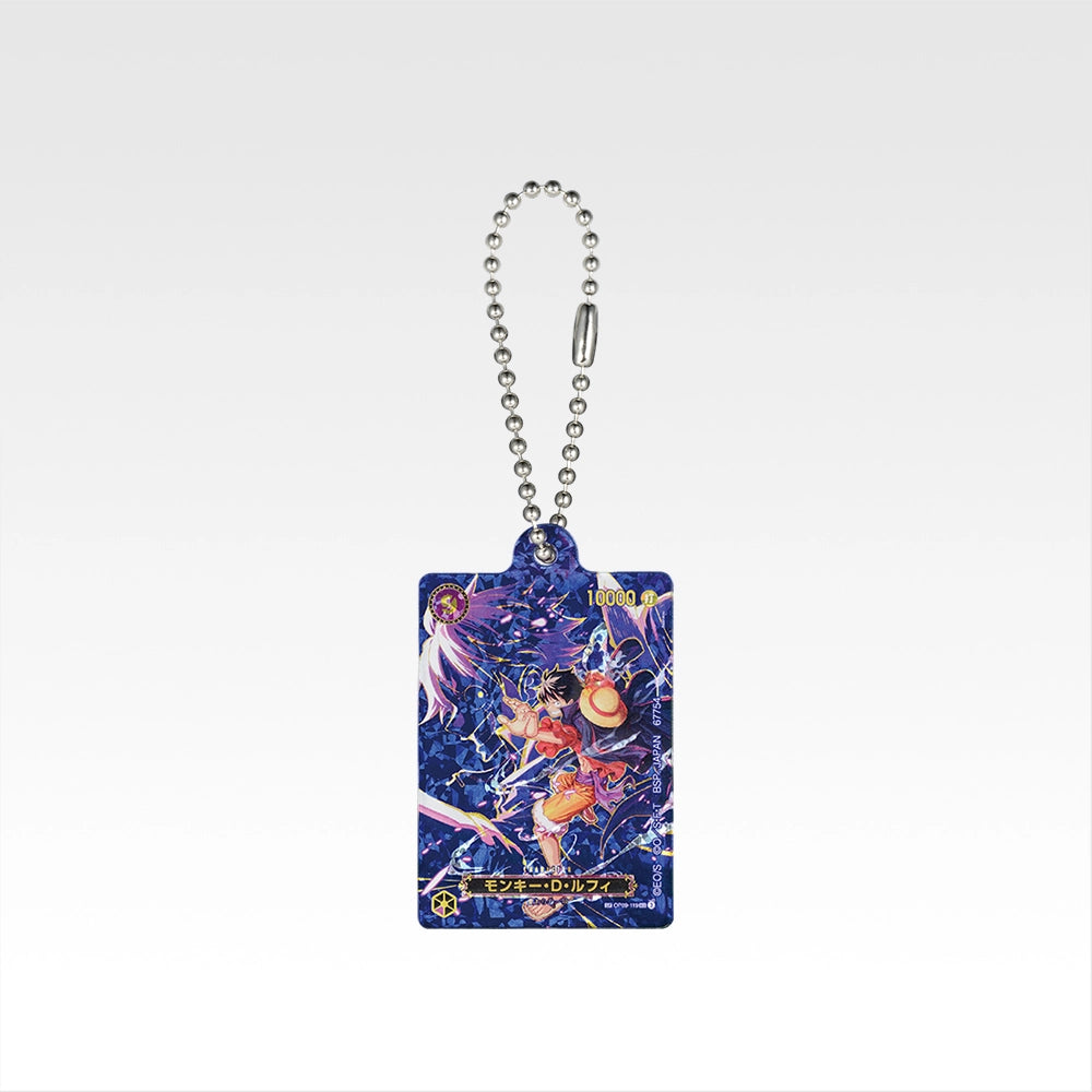 One Piece Ichiban Kuji acrylic charm featuring Monkey D. Luffy in a blue card design with a silver ball chain.
