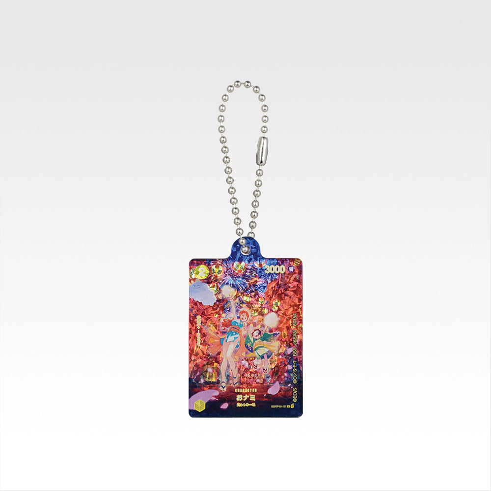 One Piece Nami acrylic card charm with a vibrant red and blue design, featuring a silver ball chain, approx. 5cm tall.