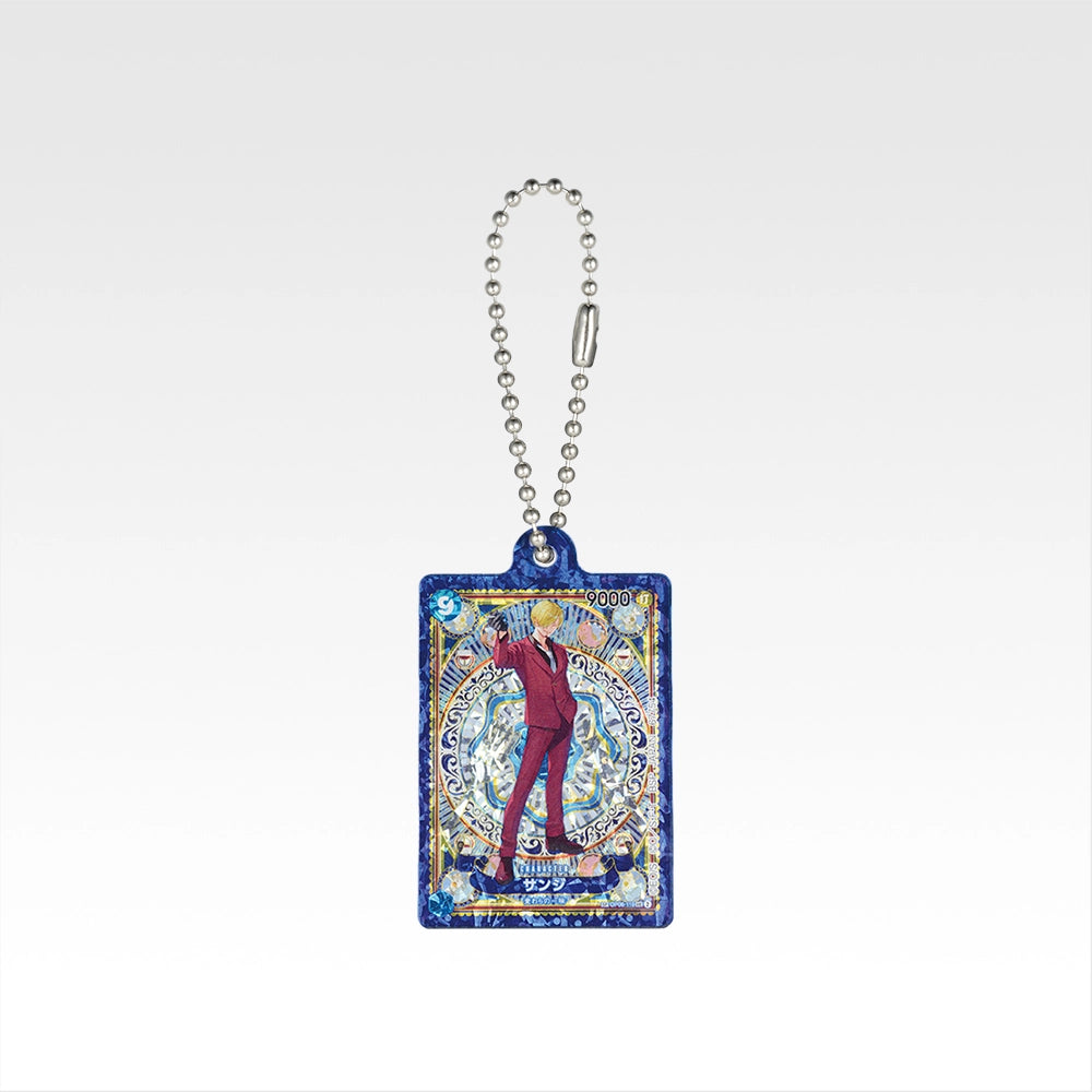 Sanji One Piece card acrylic charm keychain with a blue ornate border and silver ball chain, measuring 5cm.
