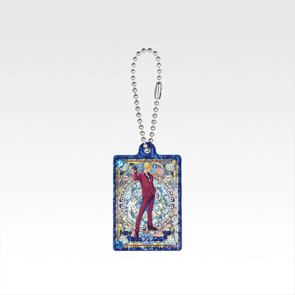 Sanji One Piece card acrylic charm keychain with a blue ornate border and silver ball chain, measuring 5cm.