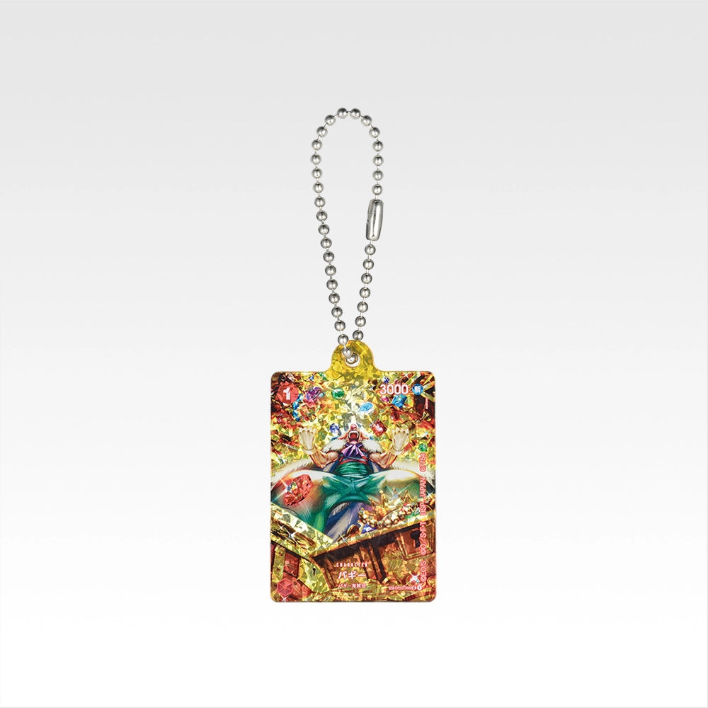 One Piece Ichiban Kuji 5cm acrylic charm featuring a colorful Buggy the Clown card design with a silver ball chain.