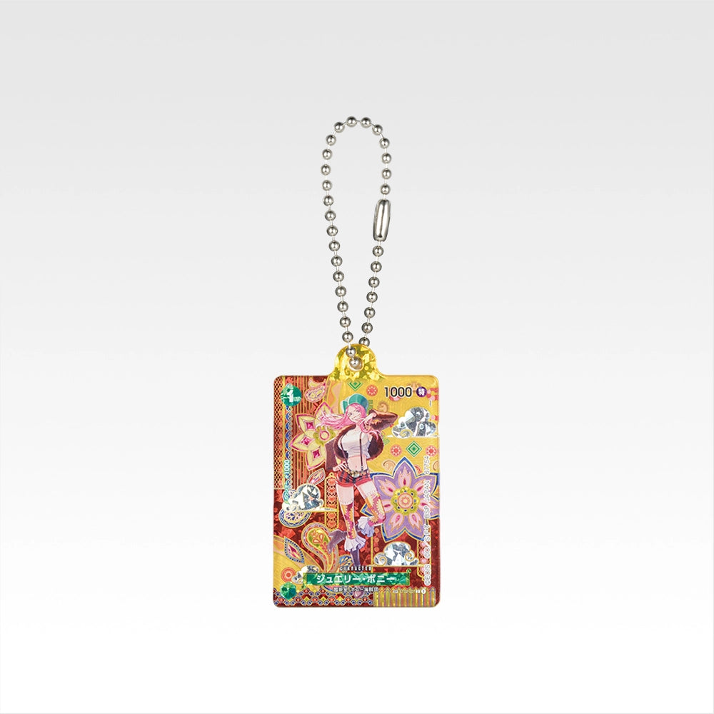 One Piece Ichiban Kuji 5cm acrylic charm featuring a colorful Jewelry Bonney card design with a silver ball chain.