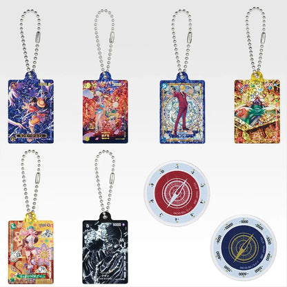 One Piece Ichiban Kuji Prize H acrylic charms featuring character card designs and round damage counters with ball chains.
