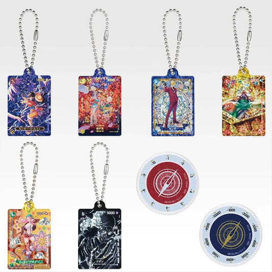 One Piece Ichiban Kuji Prize H acrylic charms featuring character card designs and round damage counters with ball chains.
