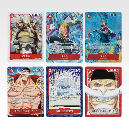 Six One Piece card game stickers featuring vibrant character illustrations and game stats on a white background.