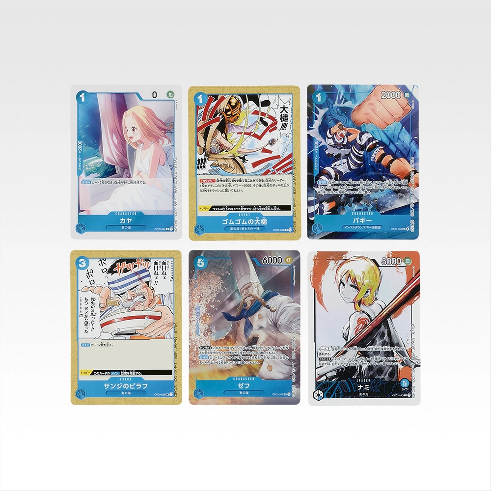 Six One Piece card design stickers featuring colorful anime character illustrations, each measuring approximately 5cm.